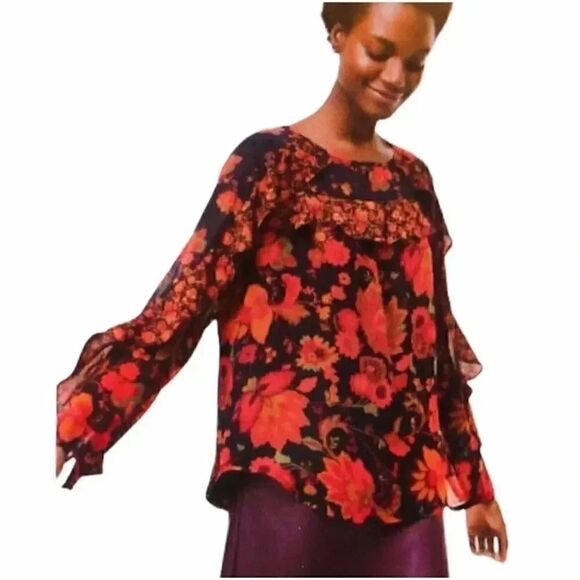 LOFT Ruffle Trim Flowy Long Sleeves Blouse - Picture 6 of 6